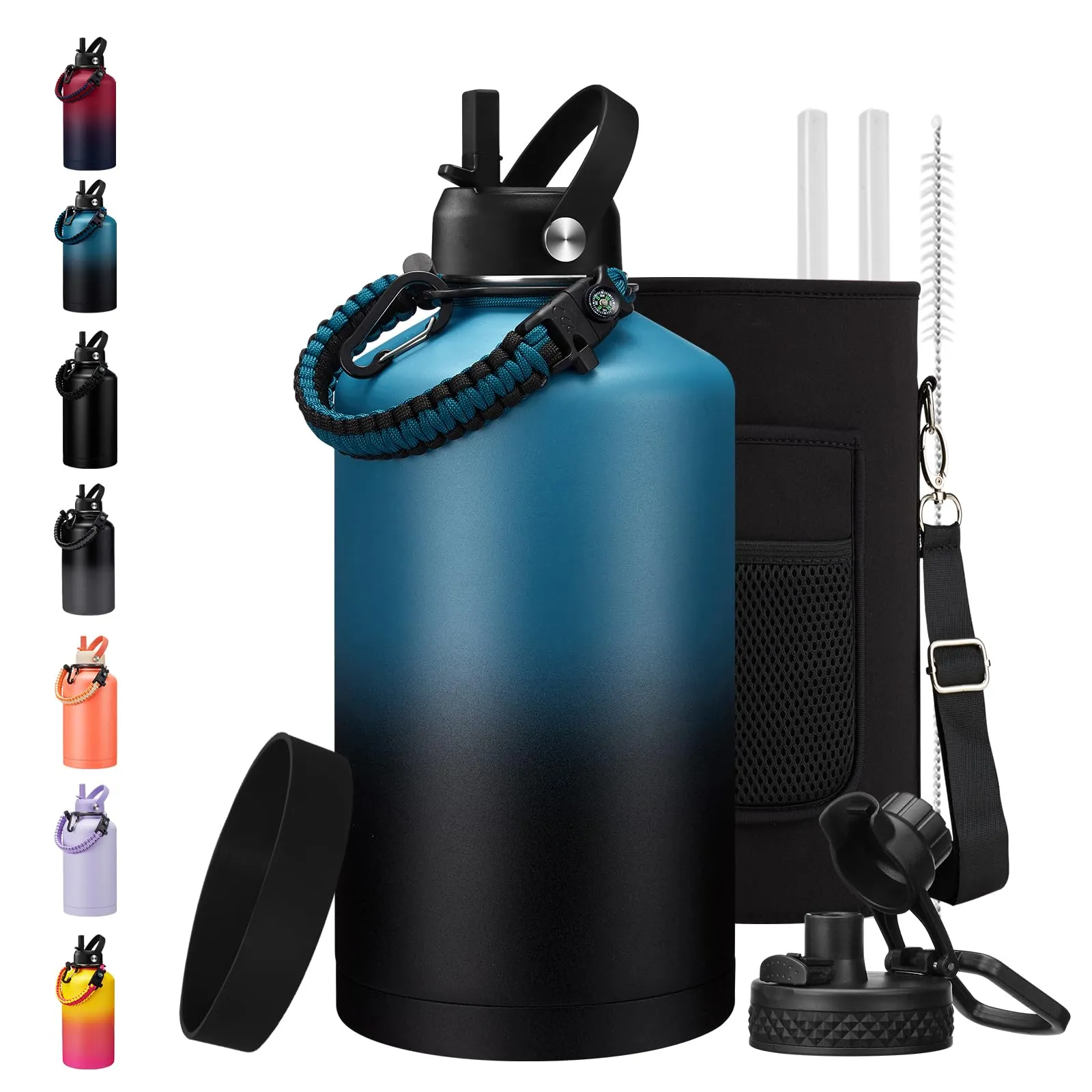 128 oz Insulated Water Bottle with Carrier Bag, 1 Gallon Metal Water Jug Keep Cold-48H Hot-24H, Giant Water Jug with Straw Lid & Spout Lid, Paracord Handle, Gallon Water Canteen for Work