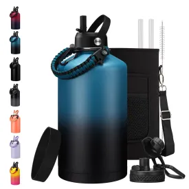 128 oz Insulated Water Bottle with Carrier Bag, 1 Gallon Metal Water Jug Keep Cold-48H Hot-24H, Giant Water Jug with Straw Lid & Spout Lid, Paracord Handle, Gallon Water Canteen for Work