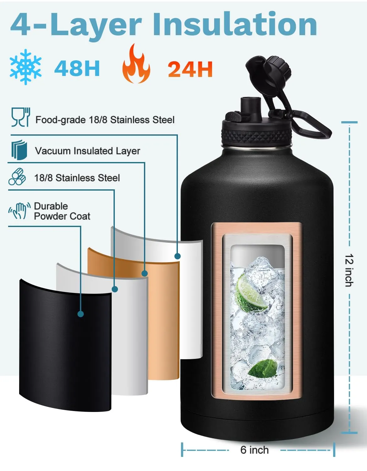 128 oz Insulated Water Bottle with Carrier Bag, 1 Gallon Metal Water Jug Keep Cold-48H Hot-24H, Giant Water Jug with Straw Lid & Spout Lid, Paracord Handle, Gallon Water Canteen for Work