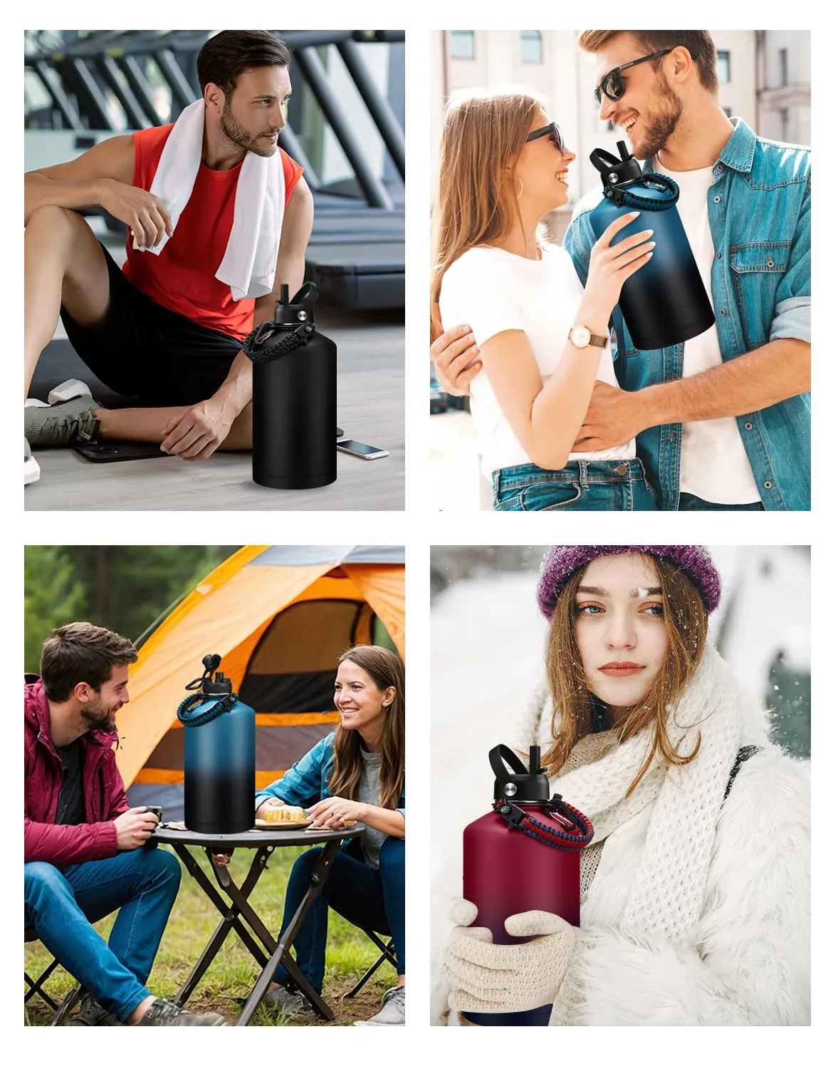128 oz Insulated Water Bottle with Carrier Bag, 1 Gallon Metal Water Jug Keep Cold-48H Hot-24H, Giant Water Jug with Straw Lid & Spout Lid, Paracord Handle, Gallon Water Canteen for Work