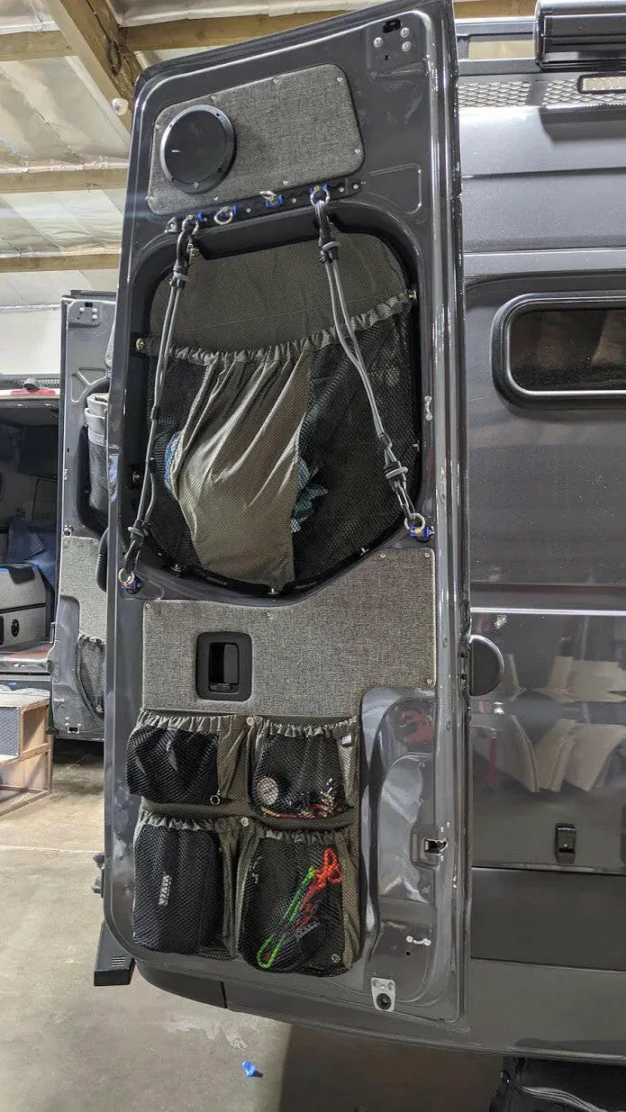 2007-2018 SPRINTER VAN FABRIC REAR LOWER DOOR STUFF BAG, MULTI COMPARTMENT