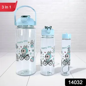 3 in 1 Plastic water drinking bottle with handle straw  (3 Pcs Set)