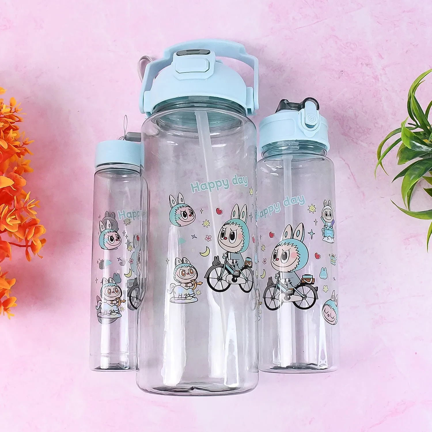 3 in 1 Plastic water drinking bottle with handle straw  (3 Pcs Set)