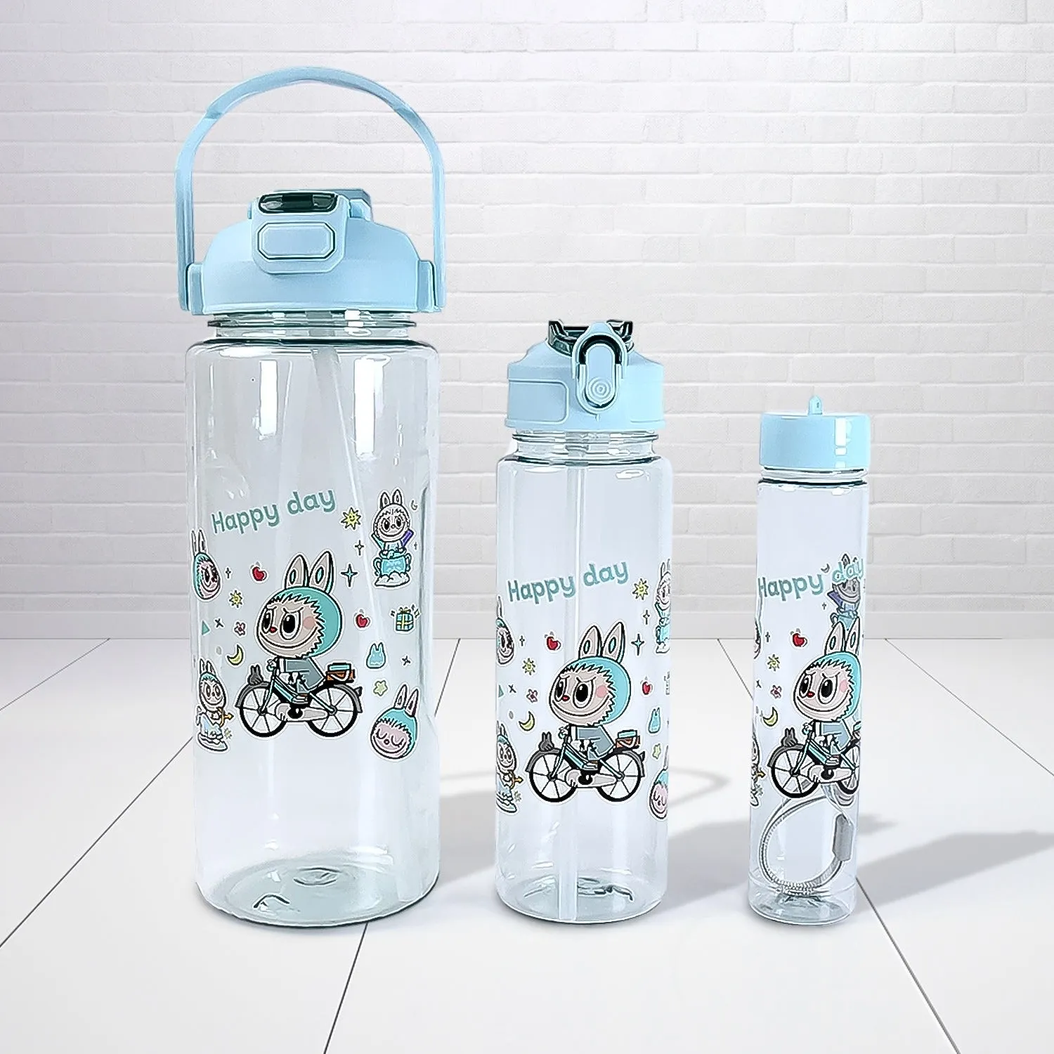 3 in 1 Plastic water drinking bottle with handle straw  (3 Pcs Set)