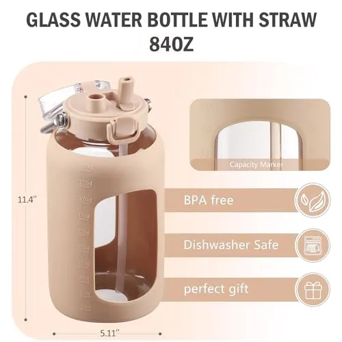 BLUEGO 64oz Water Bottle Glass with Stainless Steel Handle Large Water Bottle with Time Markers and Silicone Sleeve Half Gallon Water Jug BPA Free for Gym Daily Use, Amber