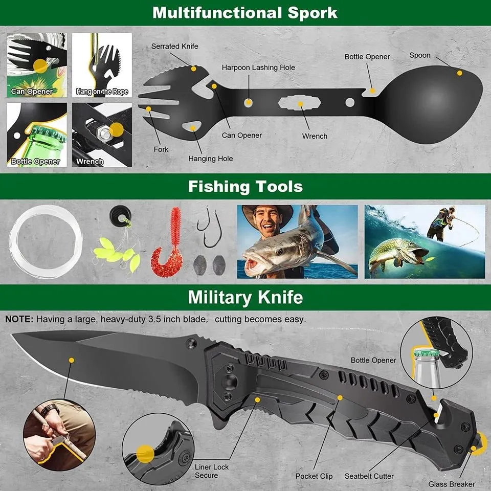 High quality Perfect gift survival gear kit camping accessories 34 in 1 for climbing hiking(10 Pack)