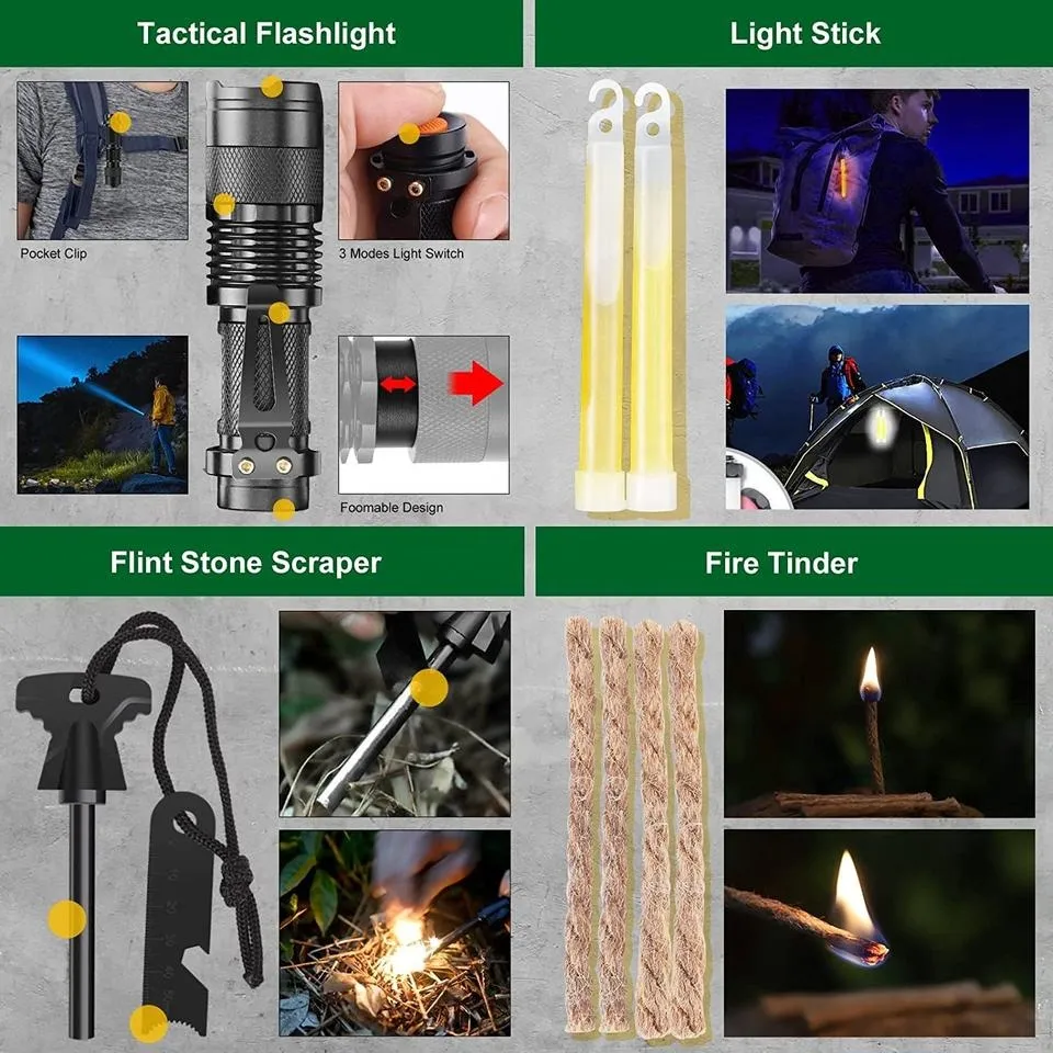 High quality Perfect gift survival gear kit camping accessories 34 in 1 for climbing hiking(10 Pack)