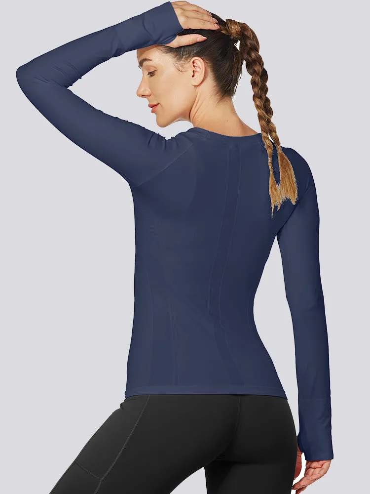 MathCat Quick Dry Gym Athletic Long Sleeve Workout Shirts for Women 2 Navy-long