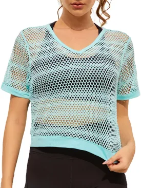New AS ROSE RICH Mesh Top for Women - Workout Fishnet Shirt for Yoga, Gym, Running, Blue, Sz M
